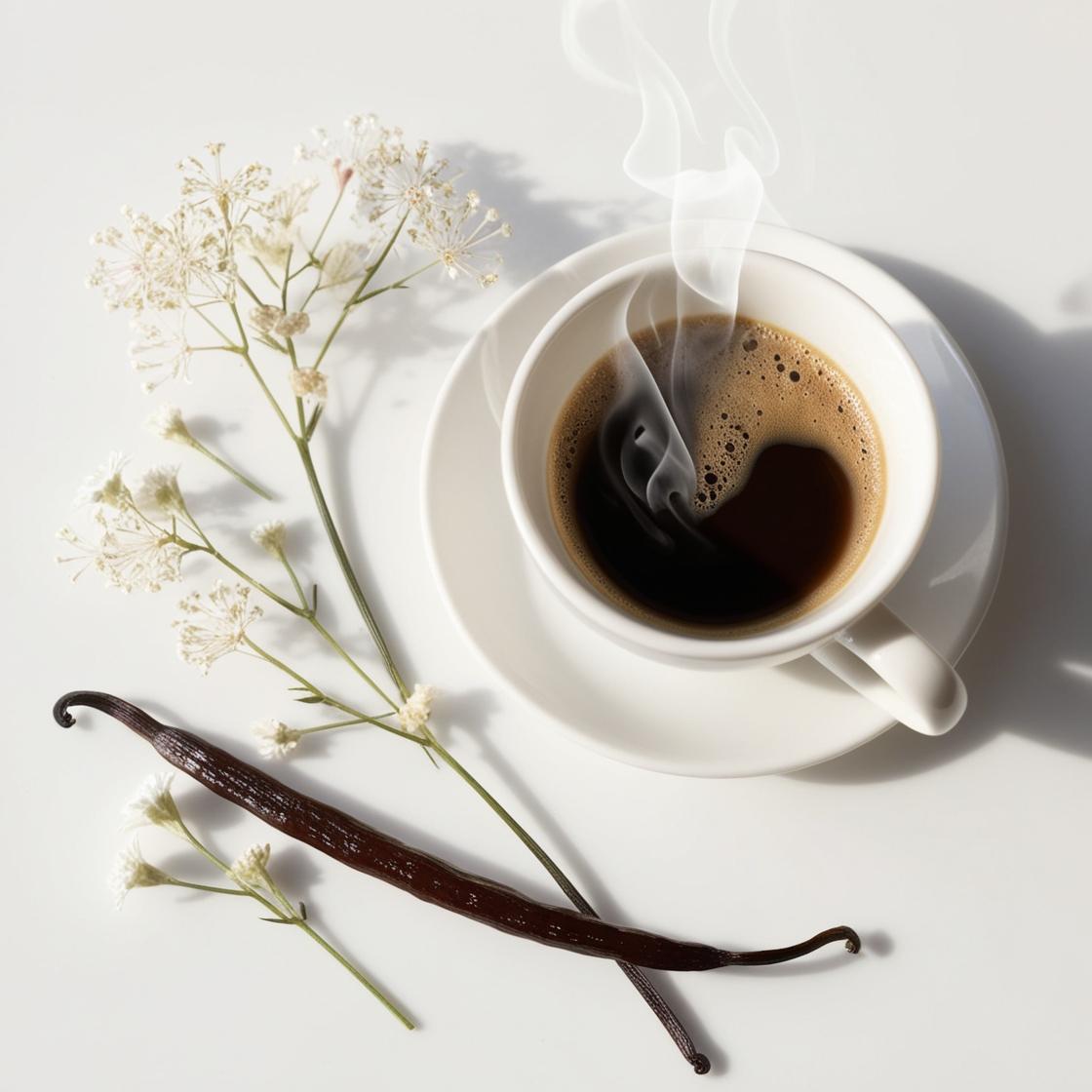 Amizcle blanco, vainilla y café representando las notas olfativas del perfume.