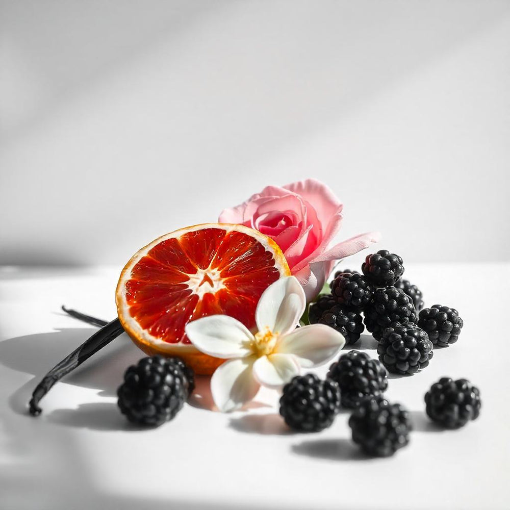 Naranja, rosa y zarzamora representando las notas olfativas del perfume.