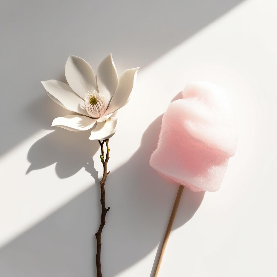 Flor de magnolia y algodón de azúcar representando las notas olfativas del perfume.