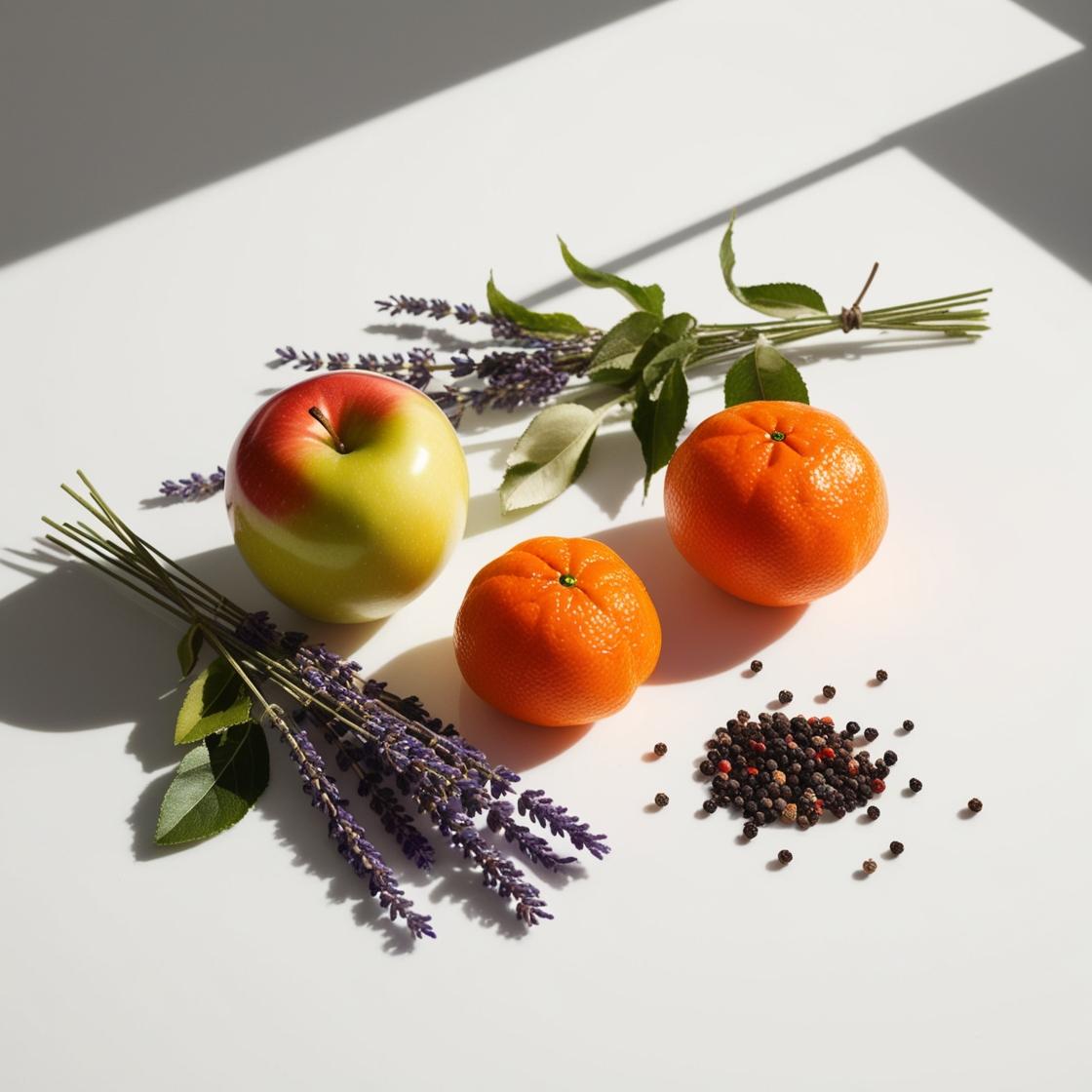 Manzana, mandarina, pimienta y lavanda representando las notas olfativas del perfume.