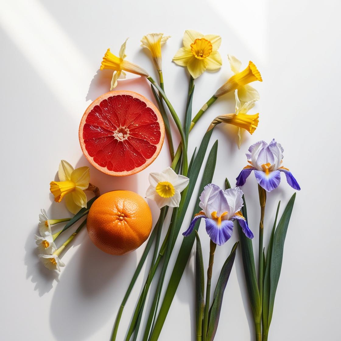 Pomelo, narciso y lirio representando las notas olfativas del perfume.