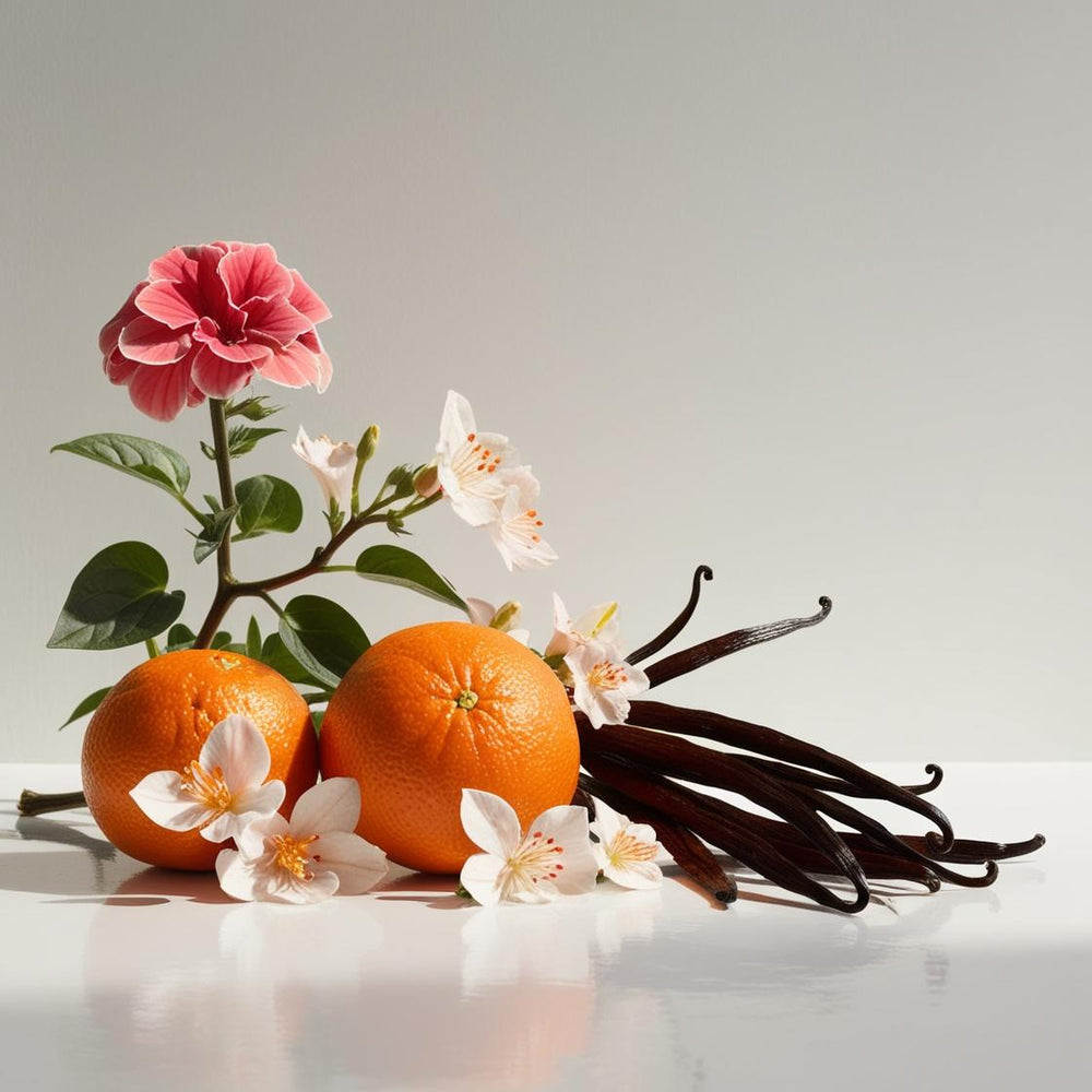 Flor de azahar del naranjo, rosa y vainilla representando las notas olfativas del perfume.