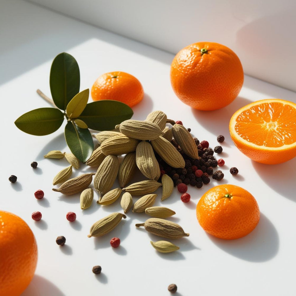 Mandarina, bergamota y pimienta representando las notas olfativas del perfume.