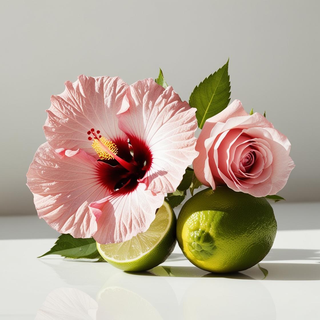 Hibisco, rosa y lima representando las notas olfativas del perfume.