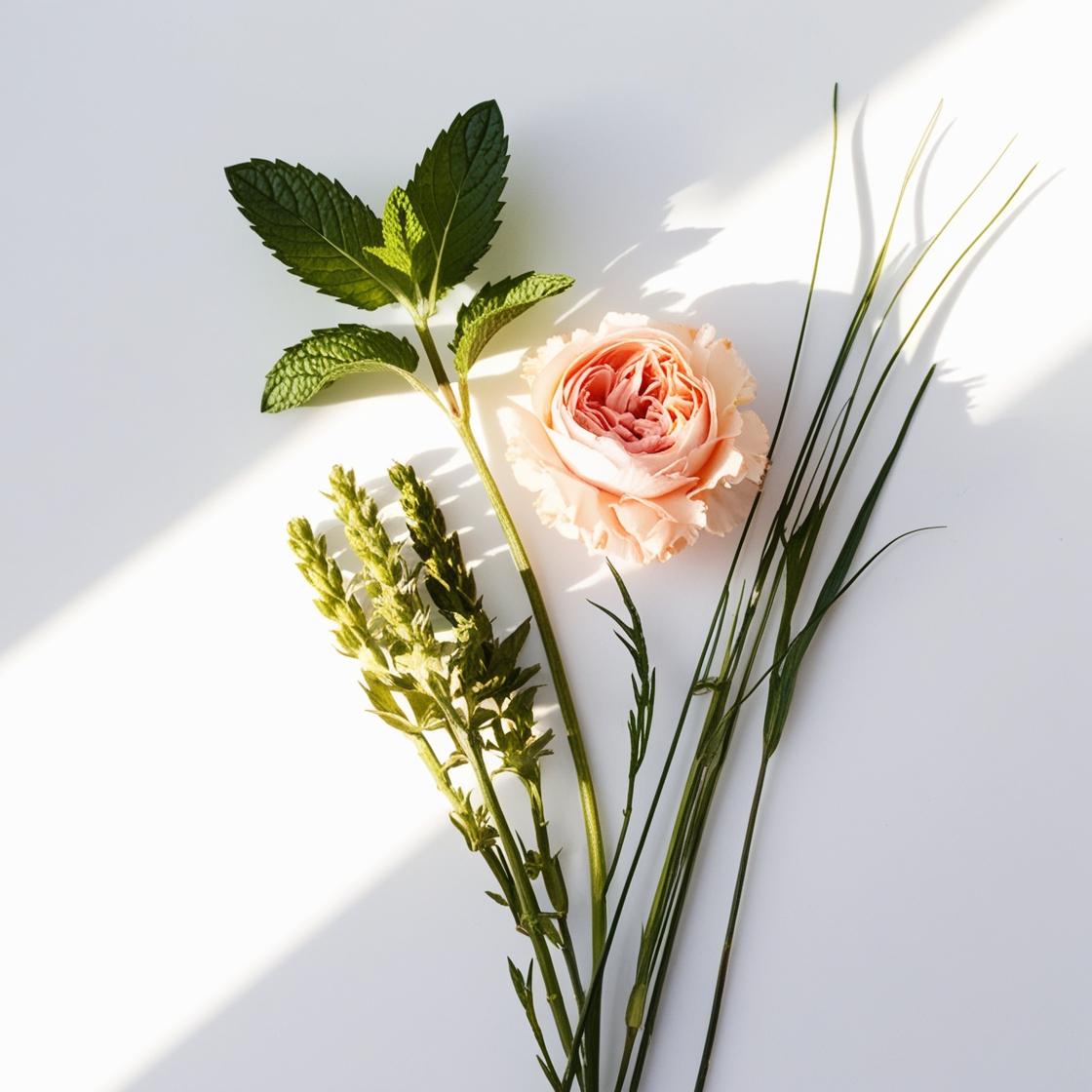 Menta, rosa y vetiver representando las notas olfativas del perfume.