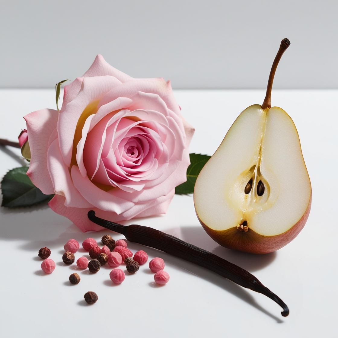 Pera, pimienta rosa, vainilla y rosa representando las notas olfativas del perfume.