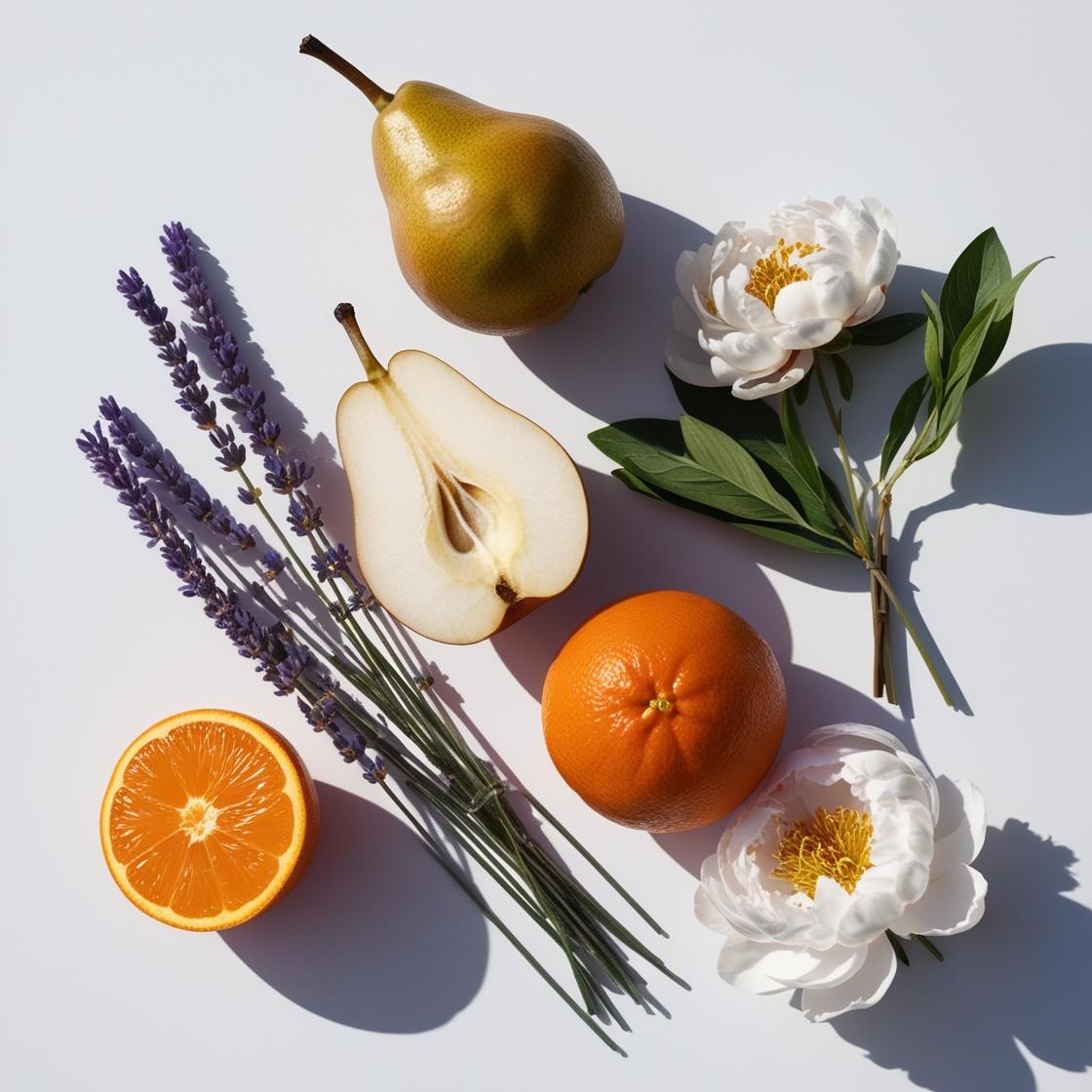 Pera, mandarina, lavanda y peonia representando las notas olfativas del perfume.