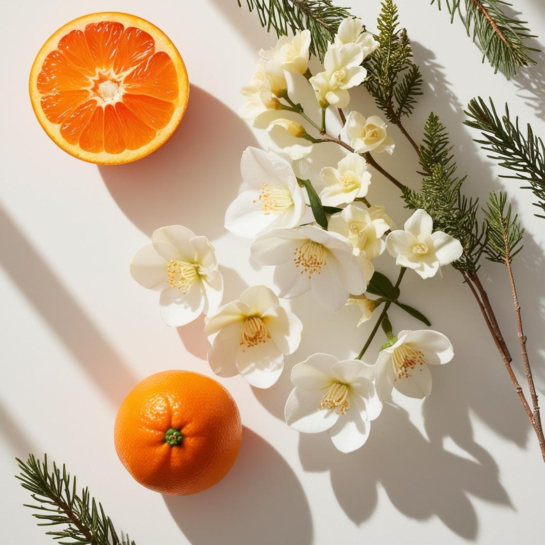 Mandarina, jazmín y cedro representando las notas olfativas del perfume.