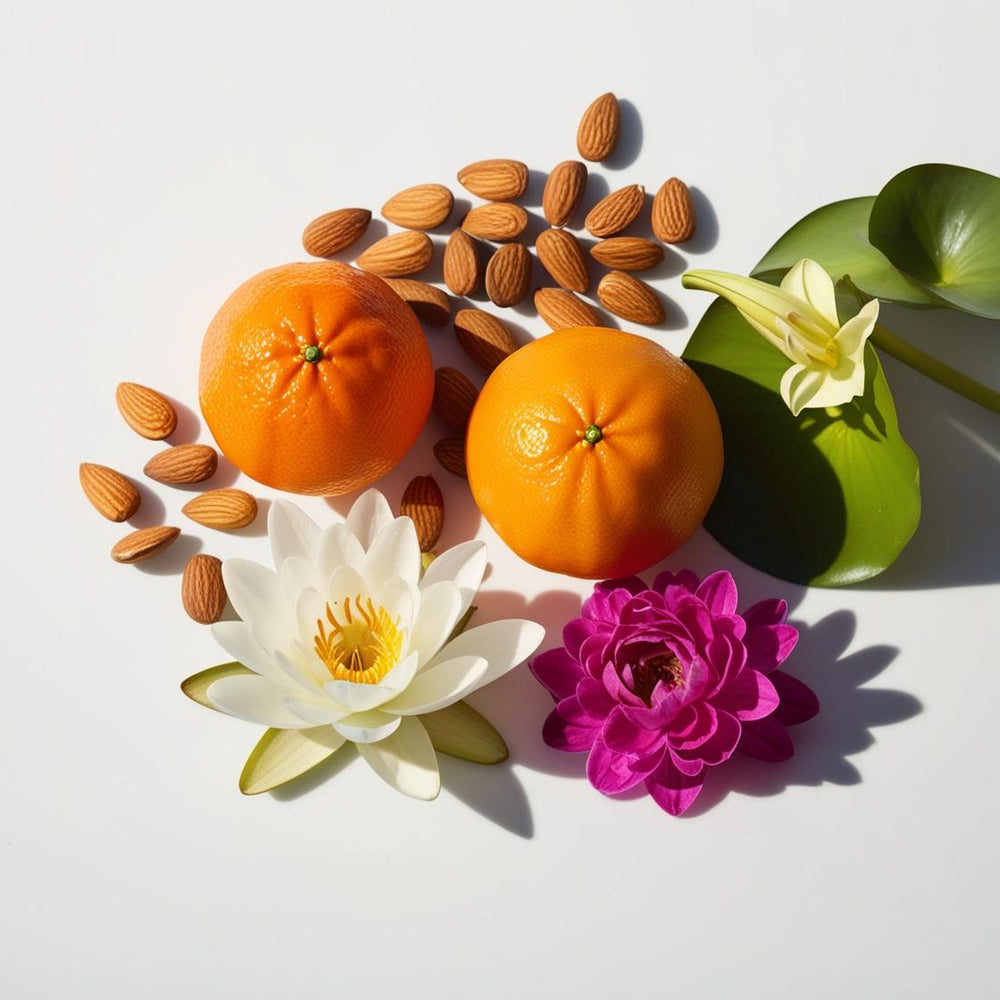 Mandarina, almendra, rosa y nenúfar representando las notas olfativas del perfume.