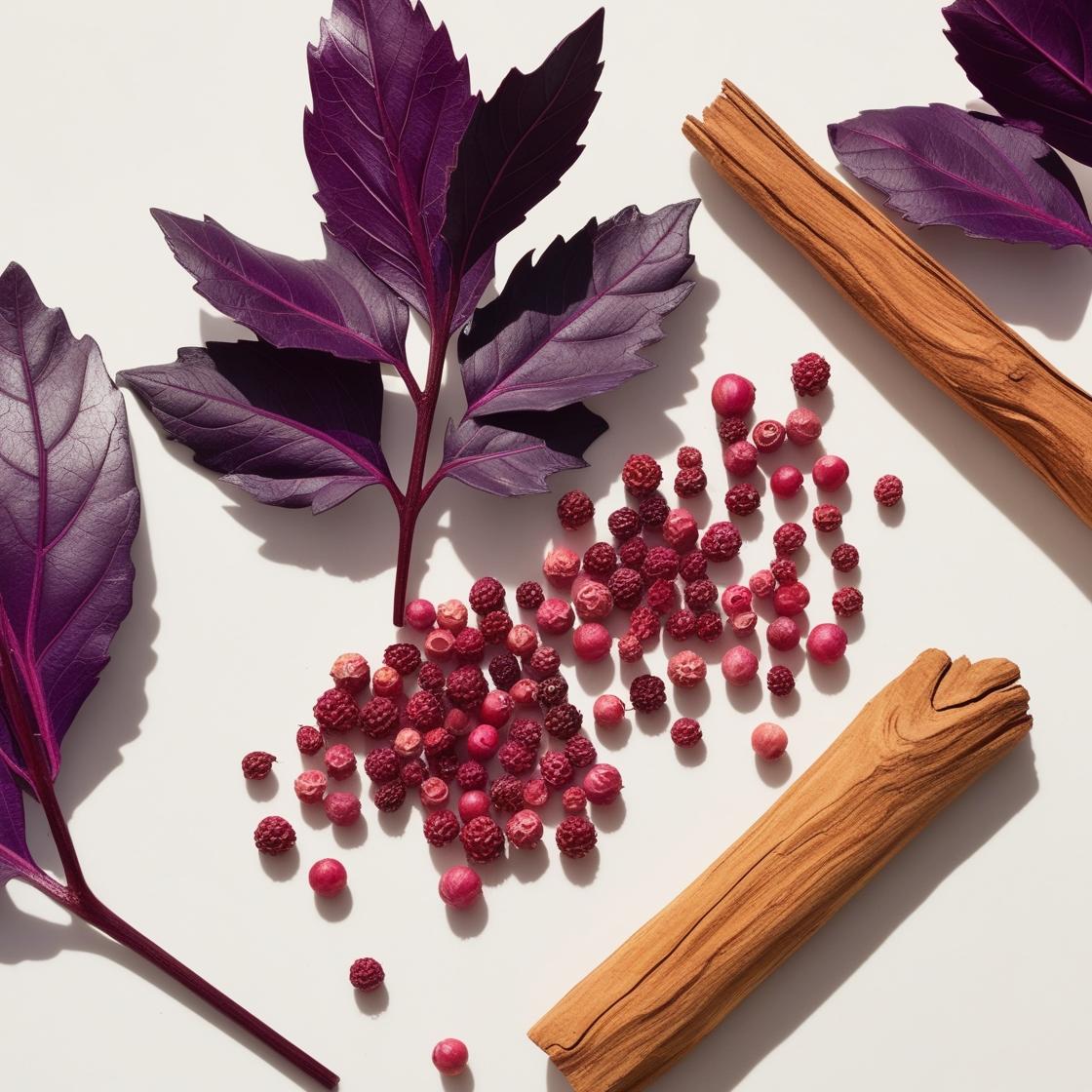 Hojas de violeta, pimienta rosa y cedro representando las notas olfativas del perfume.