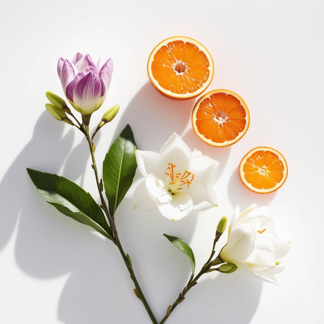 Mandarina, flor de azahar y rosa representando las notas olfativas del perfume.