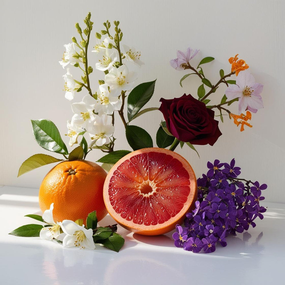 Pomelo, flor de azahar del naranjo, rosa y violeta representando las notas olfativas del perfume.