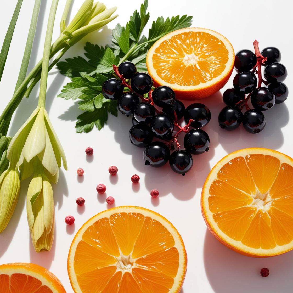 Mandarina, pimienta rosa y grosellas negras representando las notas olfativas del perfume.