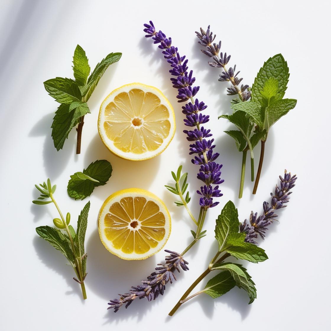 Limón, lavanda y menta representando las notas olfativas del perfume.