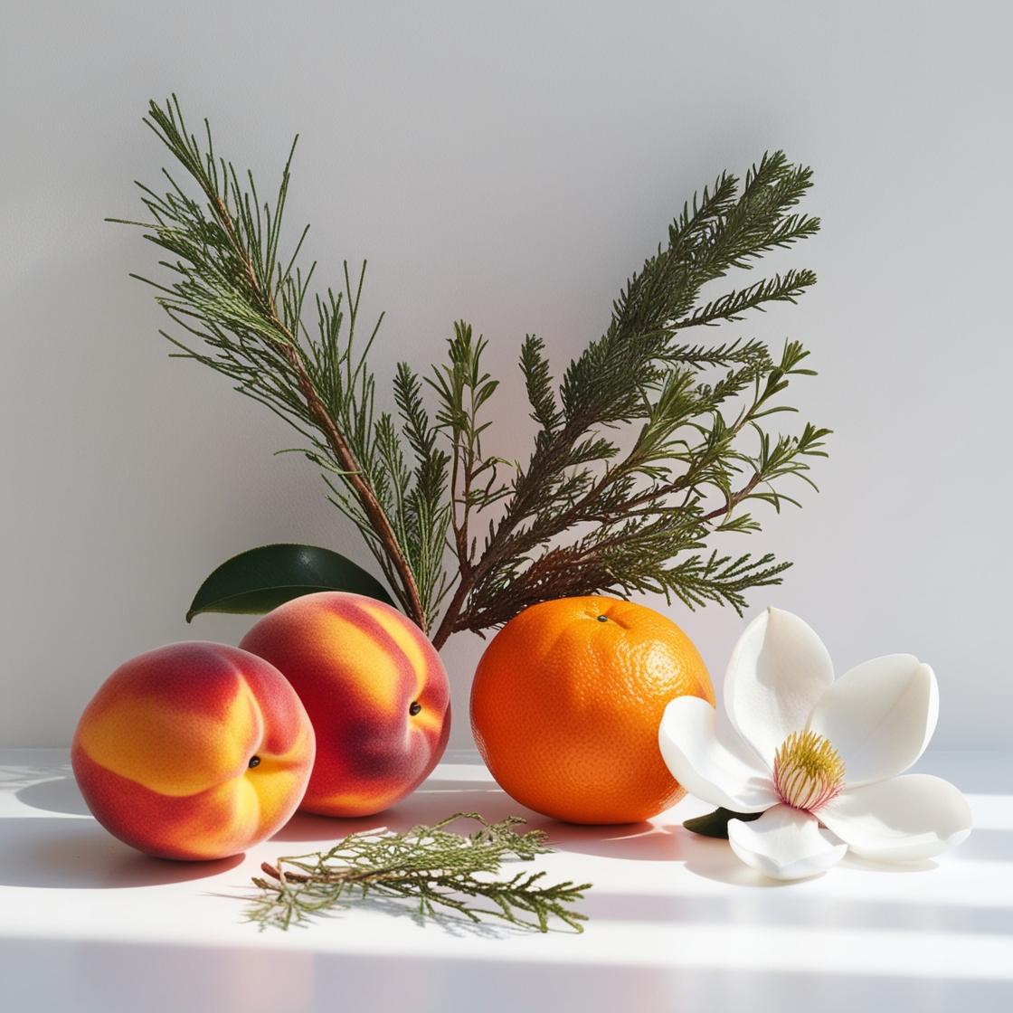 Melocotón, mandarina y cedro representando las notas olfativas del perfume.