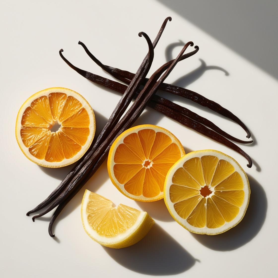 Naranja, limón y vainilla representando las notas olfativas del perfume.