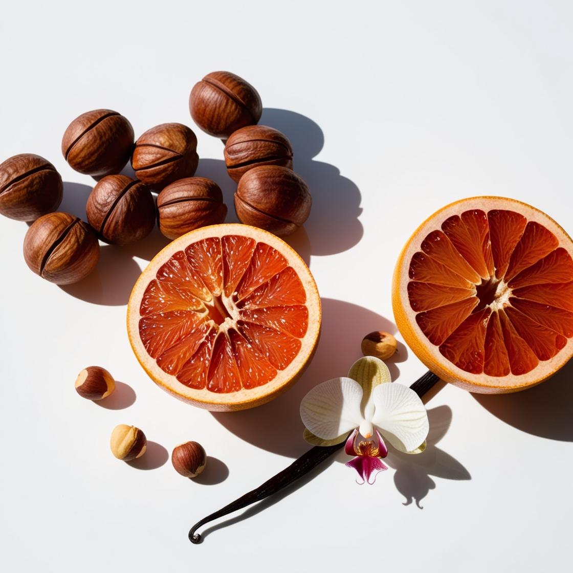 Pomelo, vainilla y avellana representando las notas olfativas del perfume.