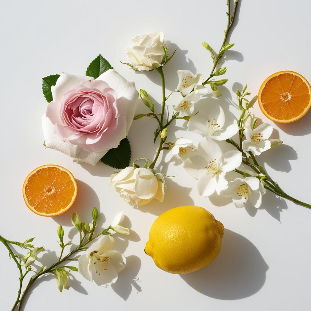 Mandairna, limón y flor de azahar del naranjo representando las notas olfativas del perfume.