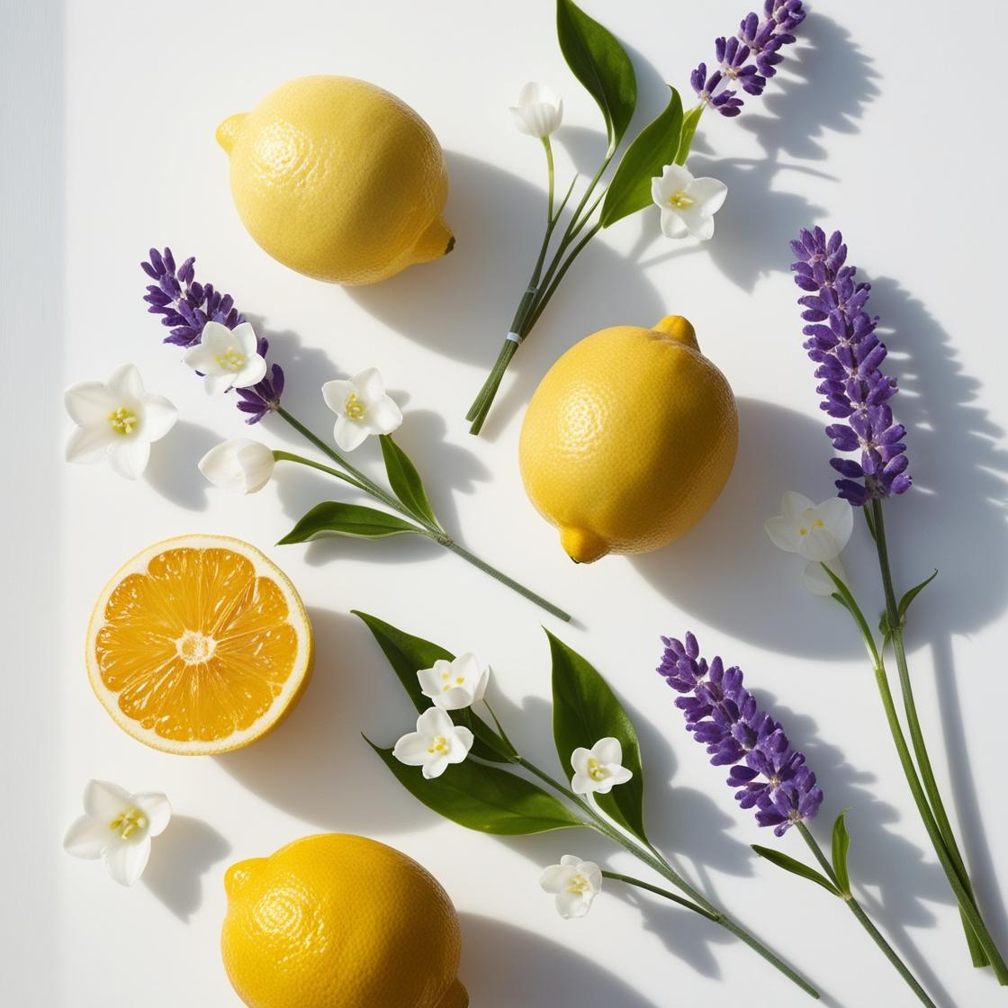 Lavanda, limón y lirio representando las notas olfativas del perfume.