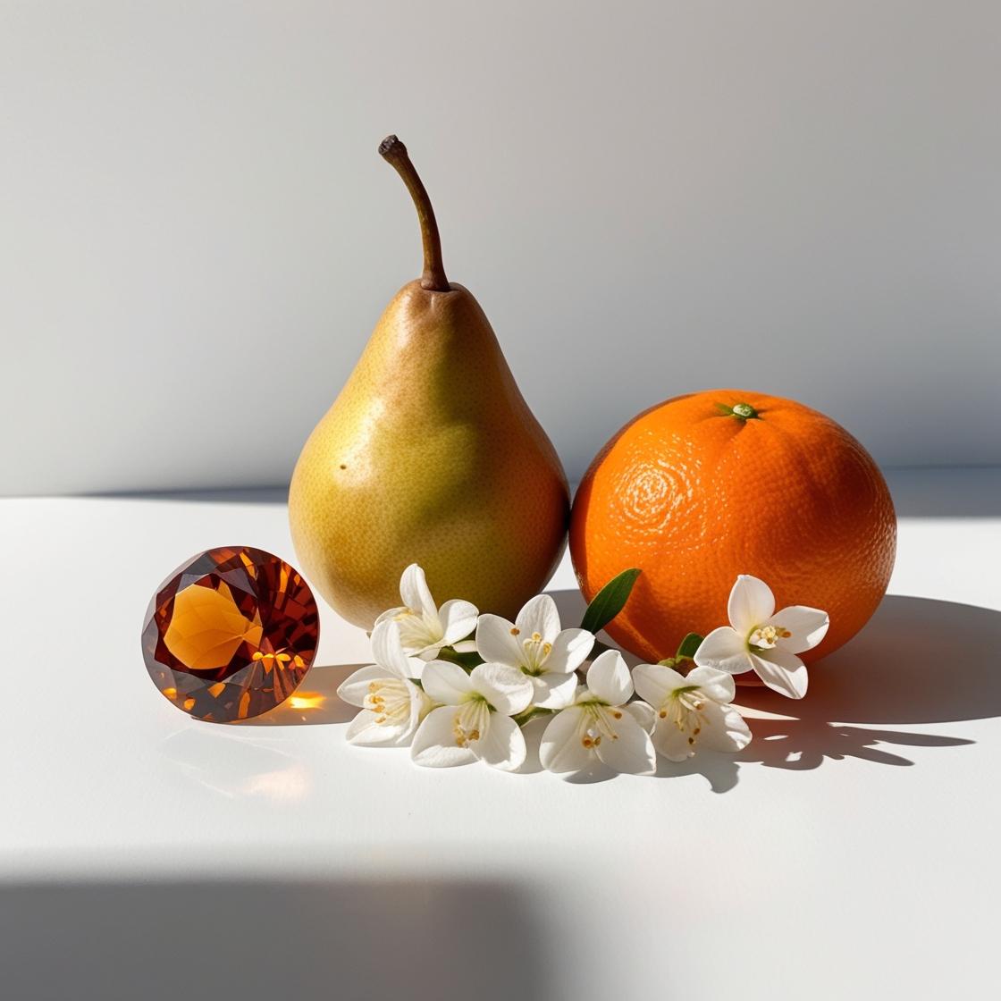 Ámbar, pera, naranja y jazmín representando las notas olfativas del perfume.