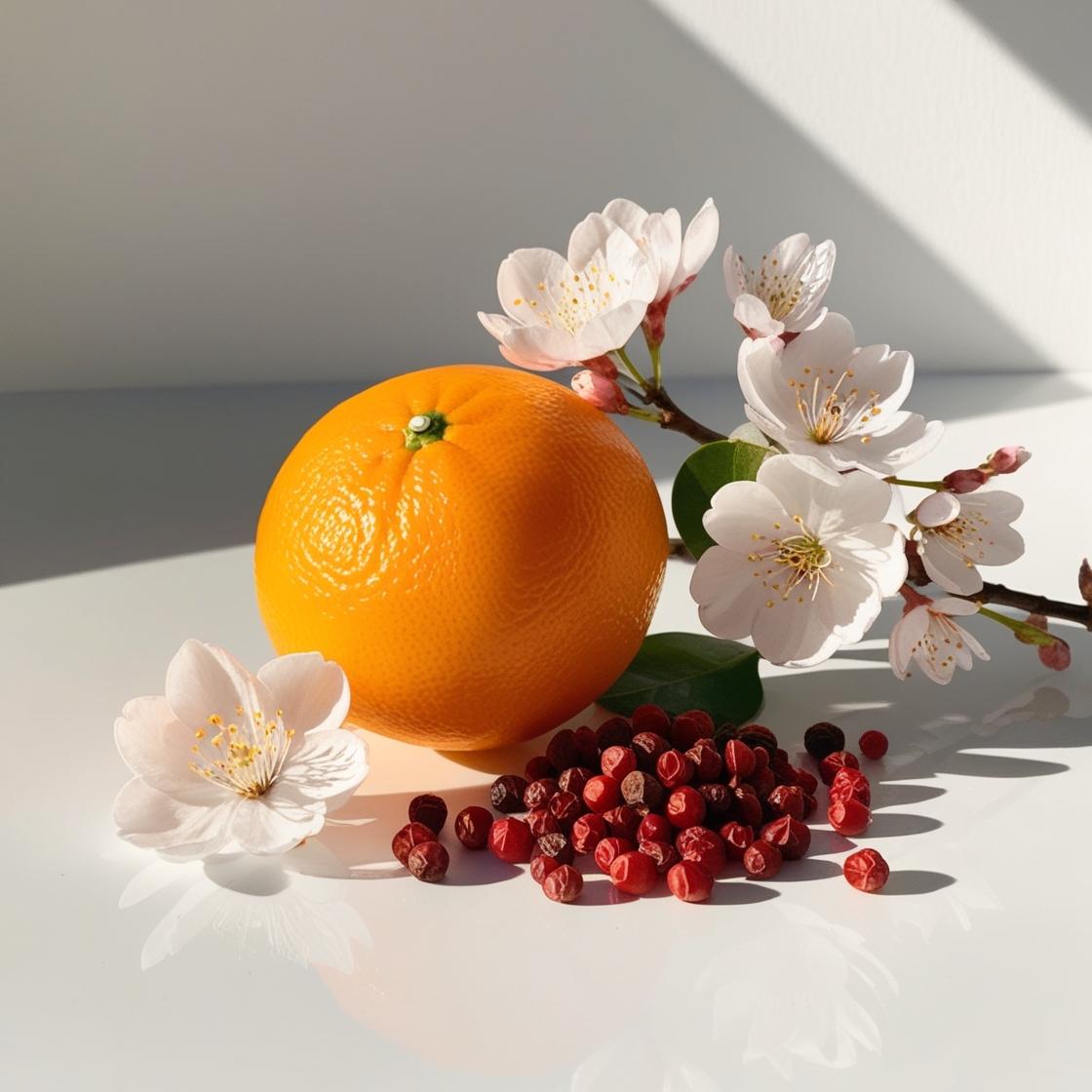 Mandarina, flor de cerezo y pimienta rosa representando las notas olfativas del perfume.