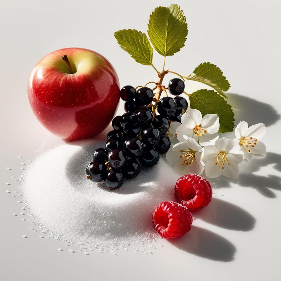 Manzana roja, azúcar, grosellas negras y flor del frambueso representando las notas olfativas del perfume.