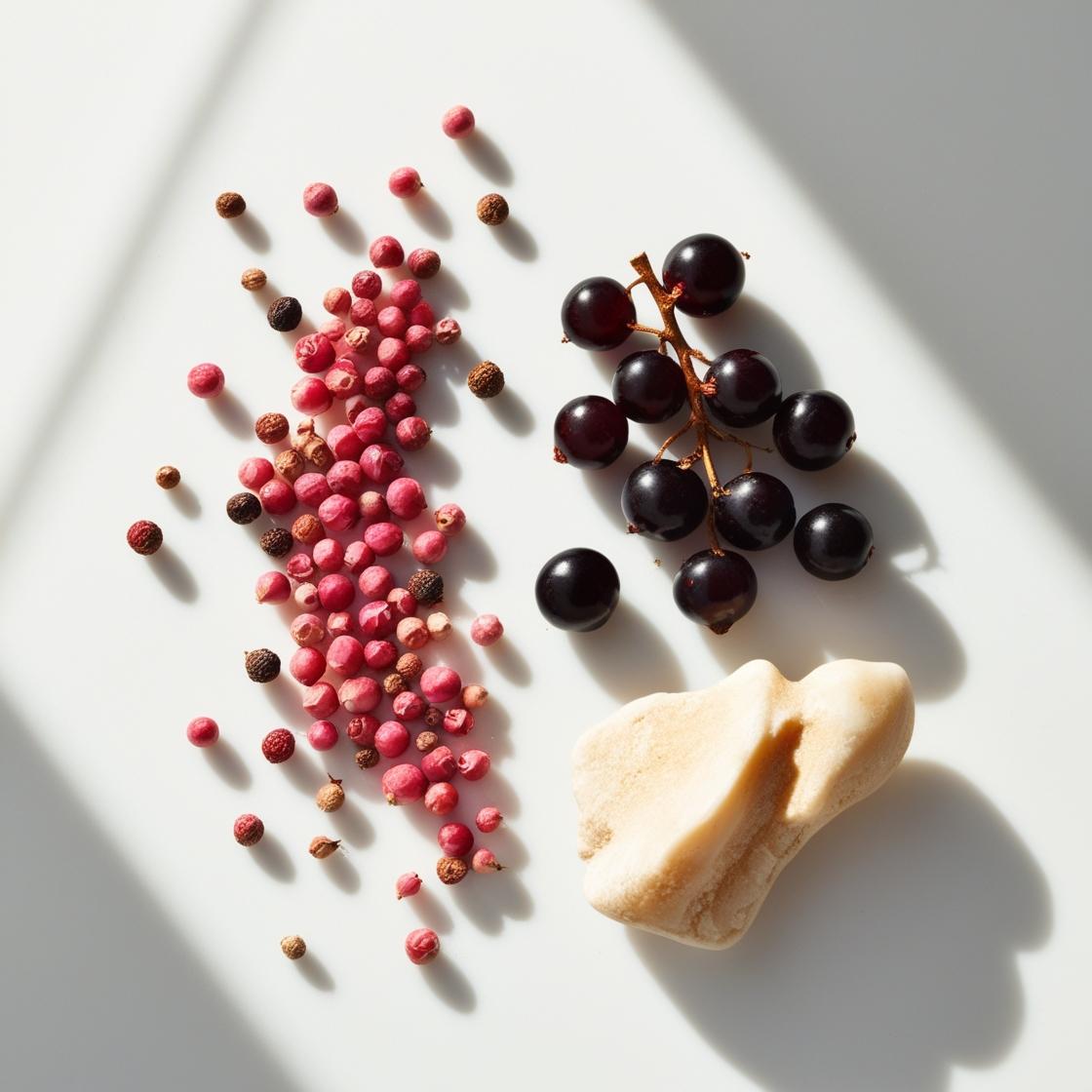 Ámbar gris, pimienta rosa y grosellas negras representando las notas olfativas del perfume.