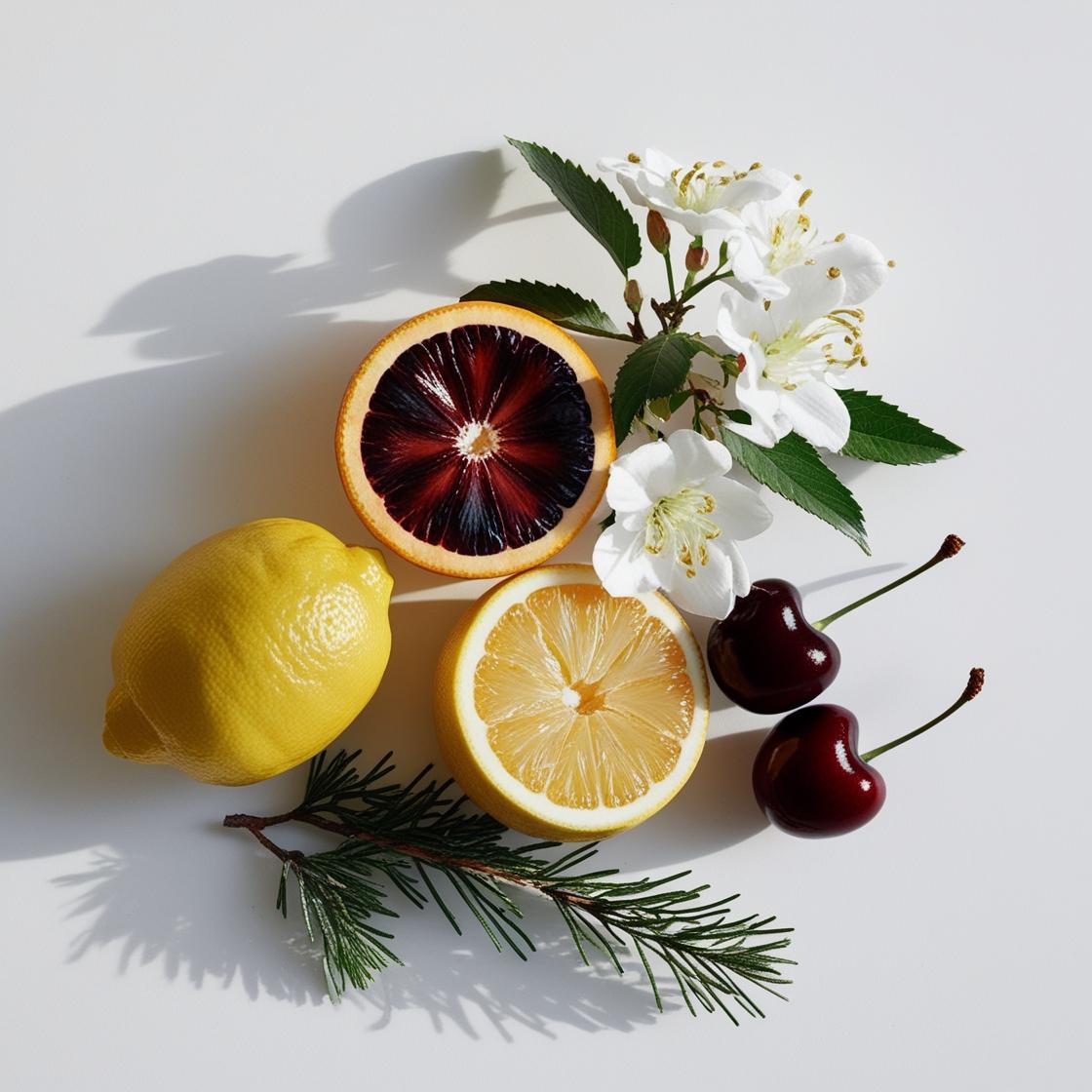 Limón, cereza, almizcle y cedro representando las notas olfativas del perfume.