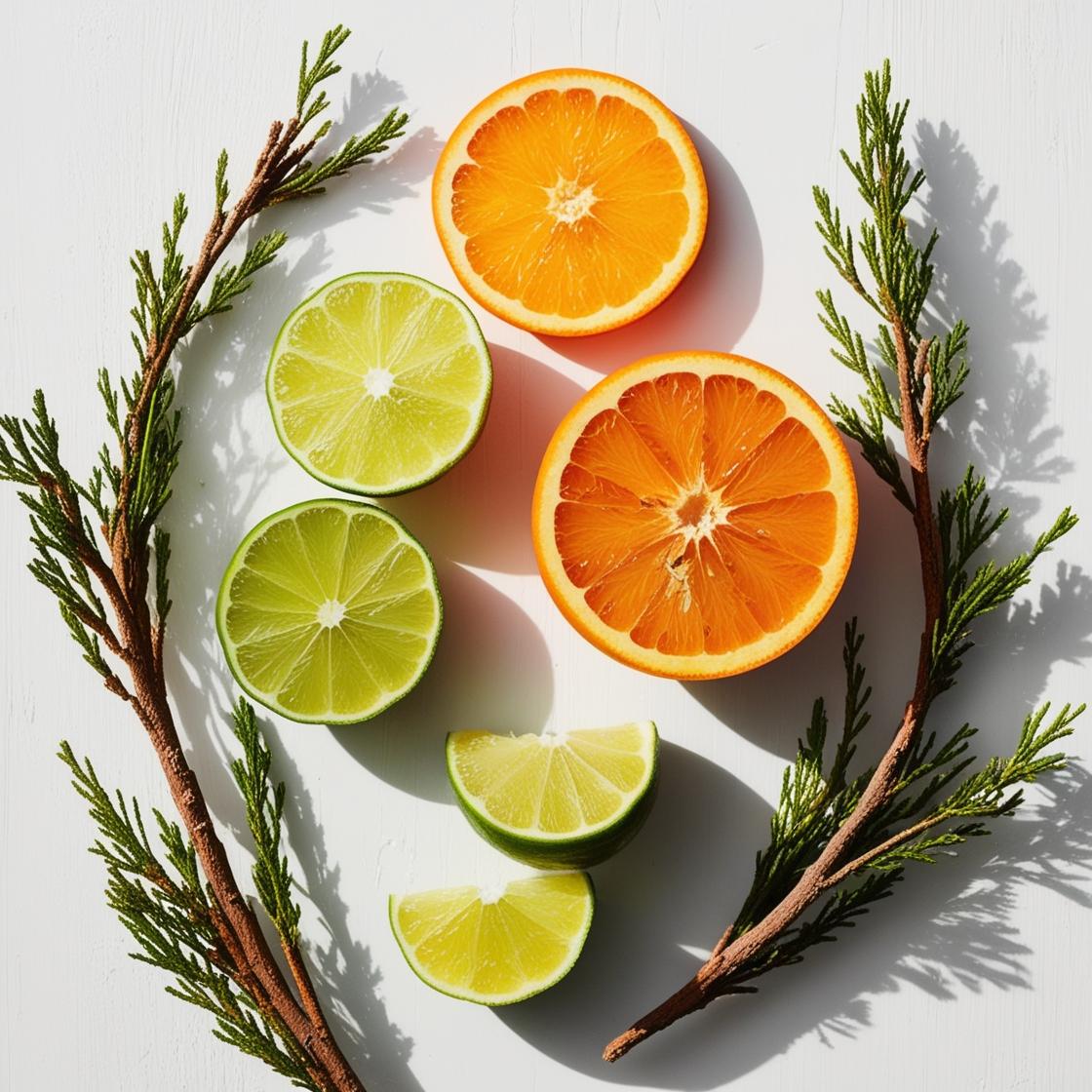 Naranja, bergamota y cedro representando las notas olfativas del perfume.