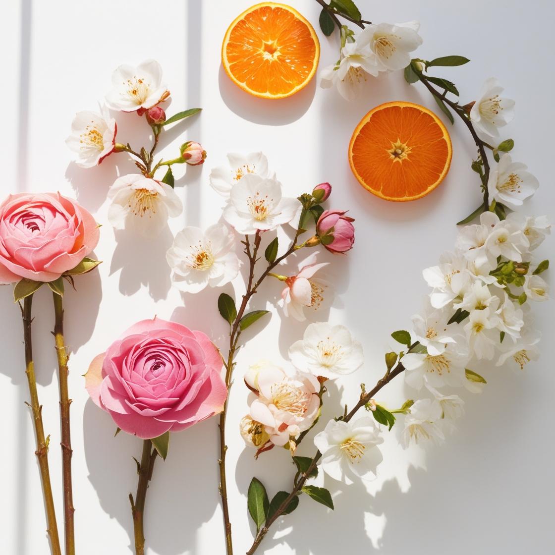 Gardenia, mandarina y jazmín representando las notas olfativas del perfume.