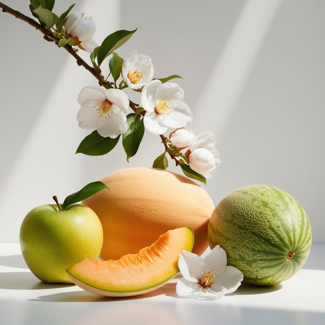 Manzana, melón y jazmín representando las notas olfativas del perfume.