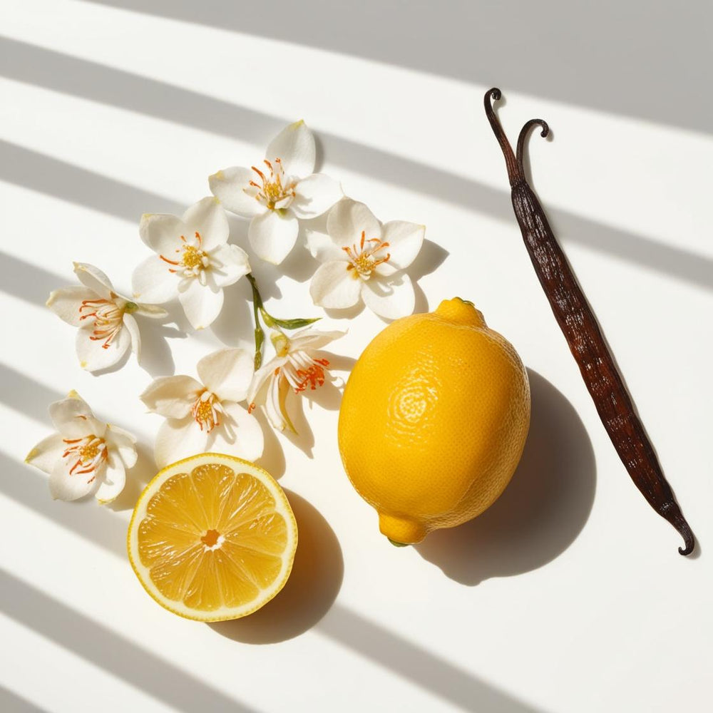 Limón, flor de azahar del naranjo y vainilla representando las notas olfativas del perfume.