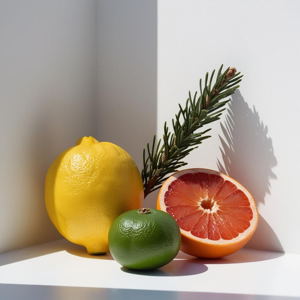 Pomelo, limón y ciprés representando las notas olfativas del perfume.