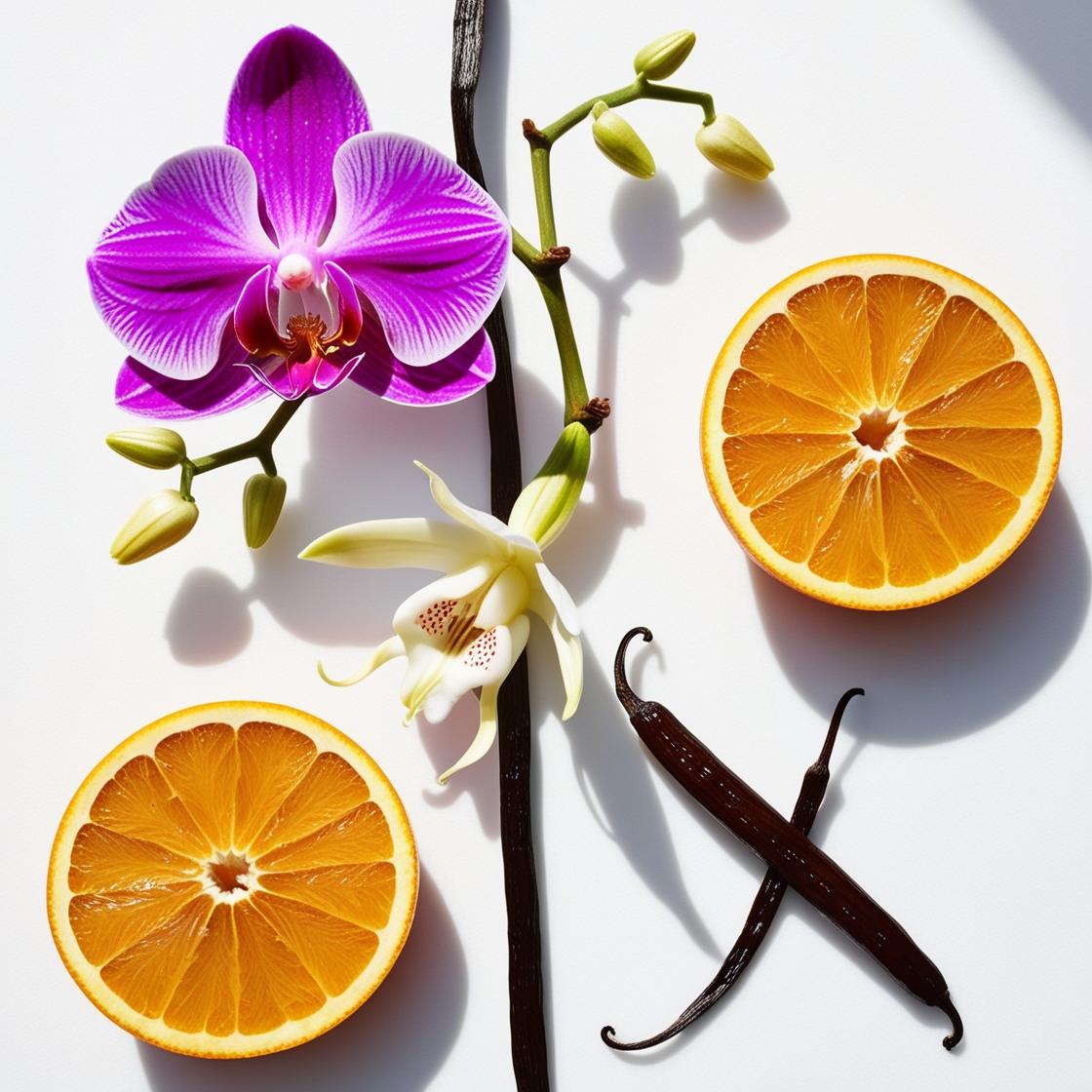 Naranja, orquídea y vainilla representando las notas olfativas del perfume.