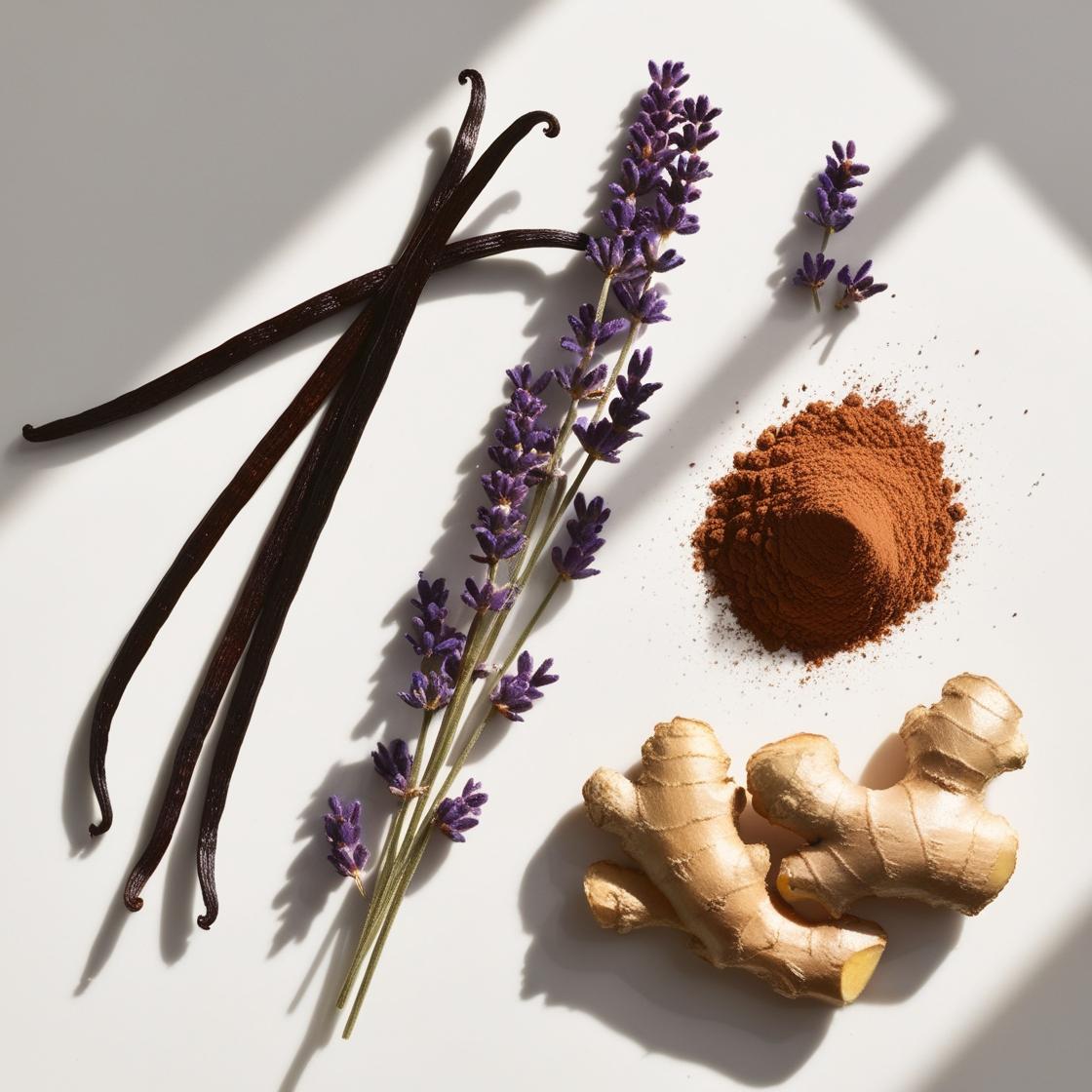 Vainilla, jengibre, lavanda y cacao representando las notas olfativas del perfume.