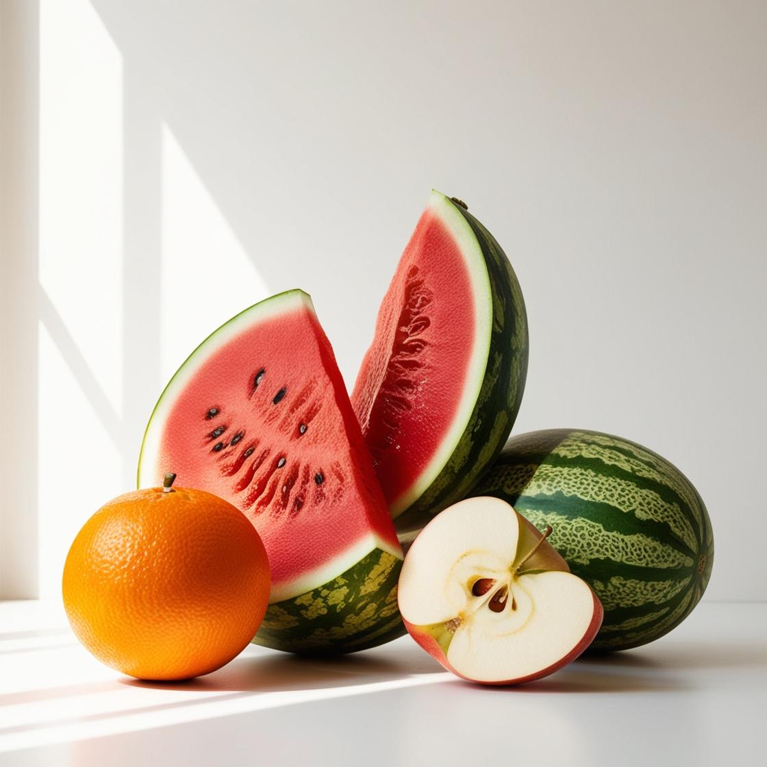 Sandía, naranja y manzana representando las notas olfativas del perfume.