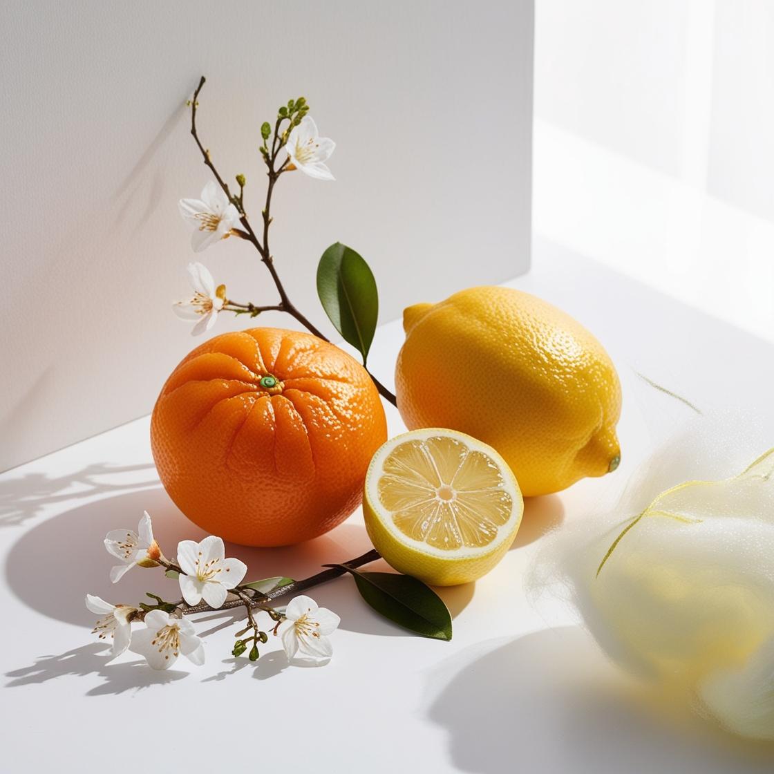 Mandarina, limón, algodón de azúcar y jazmín representando las notas olfativas del perfume.