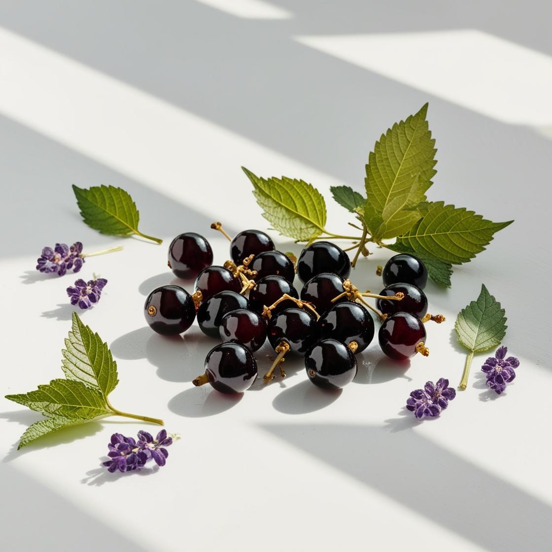 Hojas de violeta y grosellas negras representando las notas olfativas del perfume.