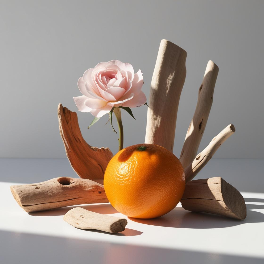 Mandarina y madera representando las notas olfativas del perfume.