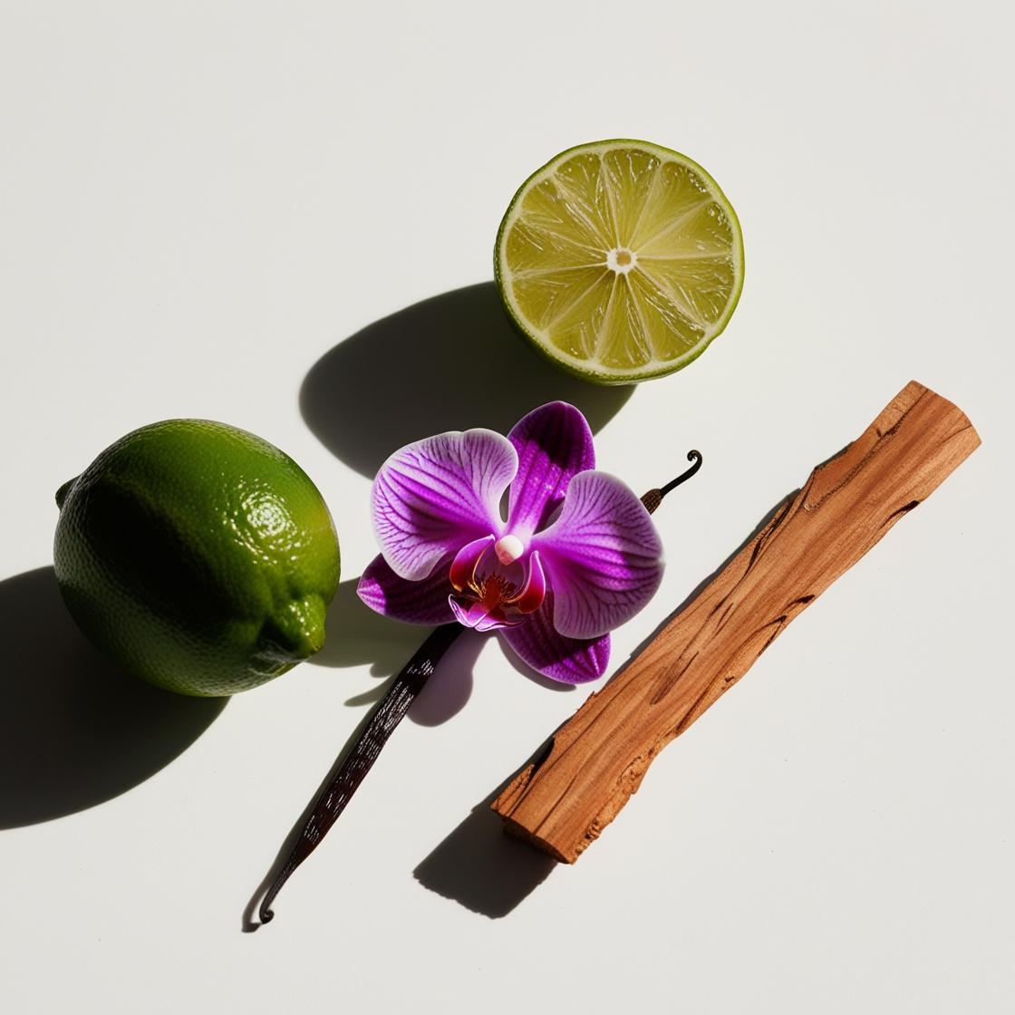 Bergamota, orquídea, vainilla y cedro representando las notas olfativas del perfume.