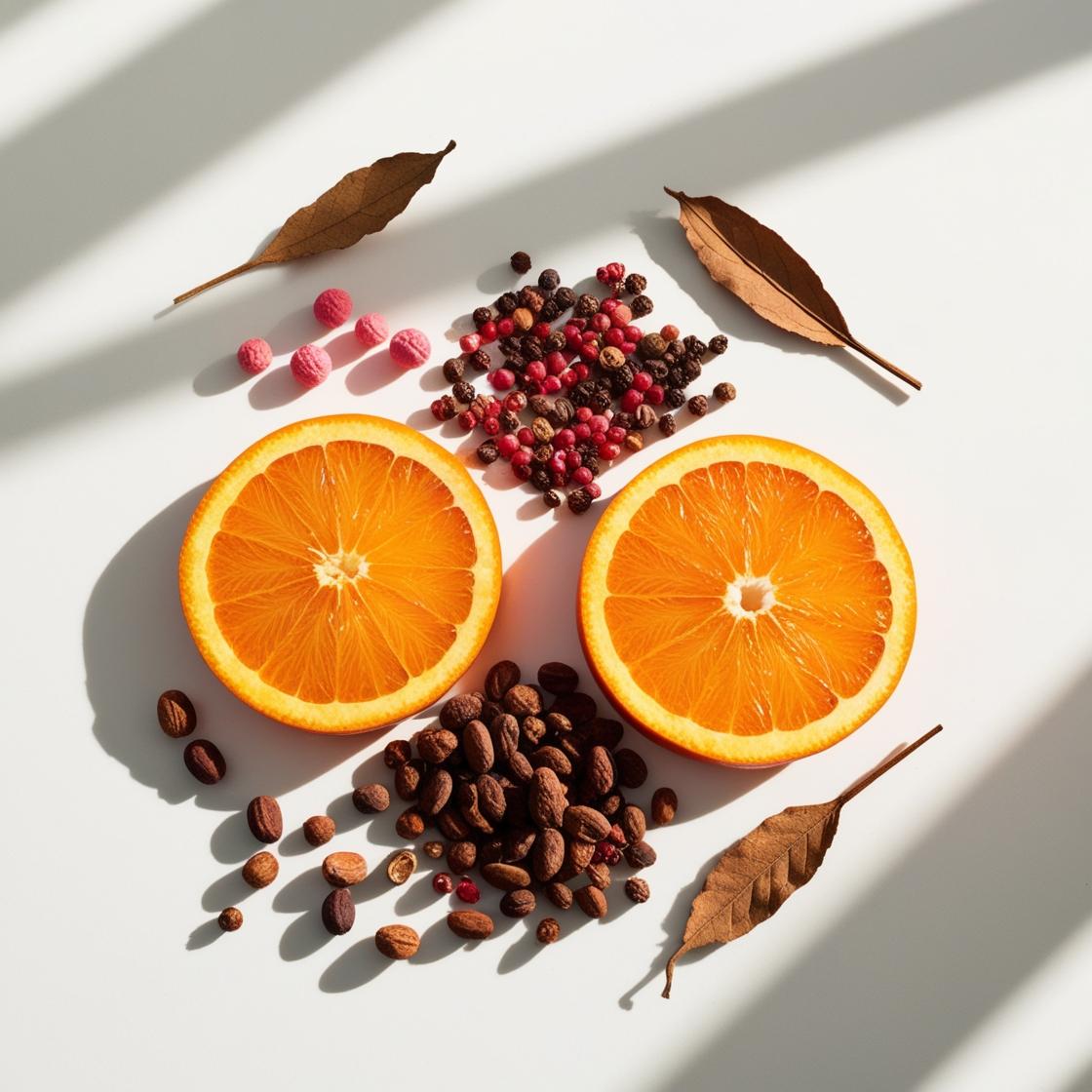 Naranja, pimienta rosa y cacao representando las notas olfativas del perfume.