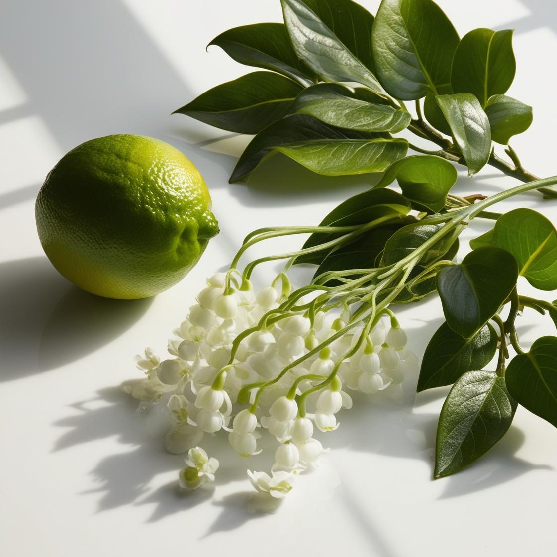 Bergamota, lirio y vetiver representando las notas olfativas del perfume.