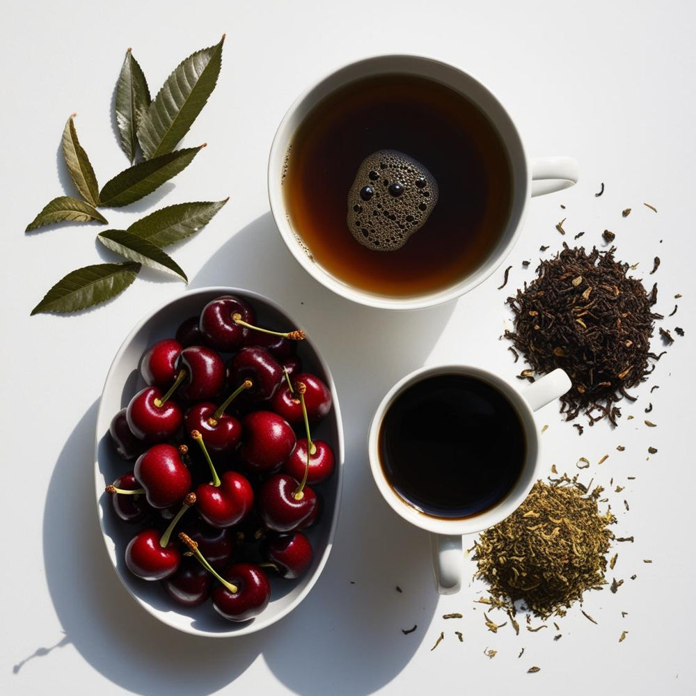 Cereza, café, pachulí y té negro representando las notas olfativas del perfume.