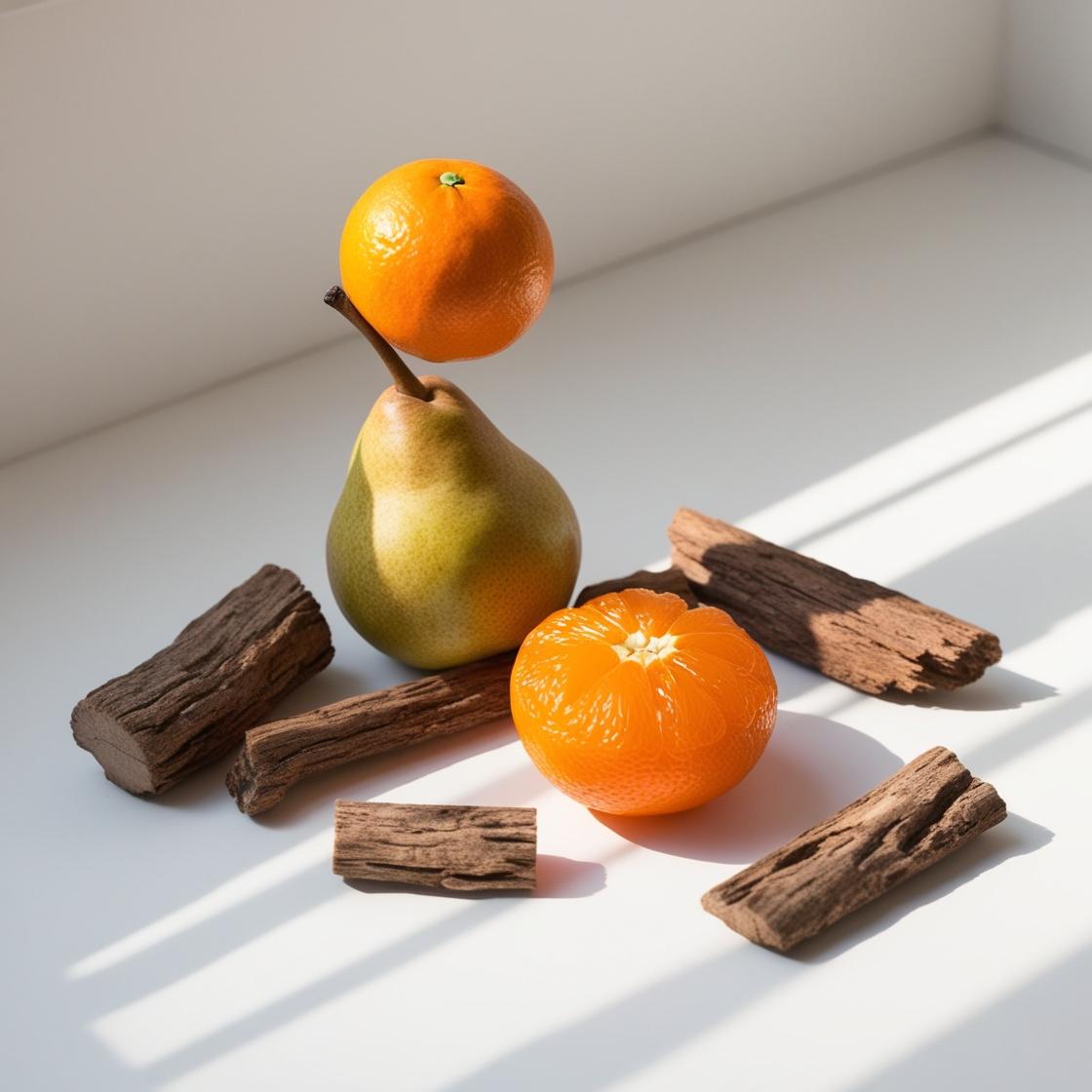 Mandarina, pera y trozos de madera representando las notas olfativas del perfume.