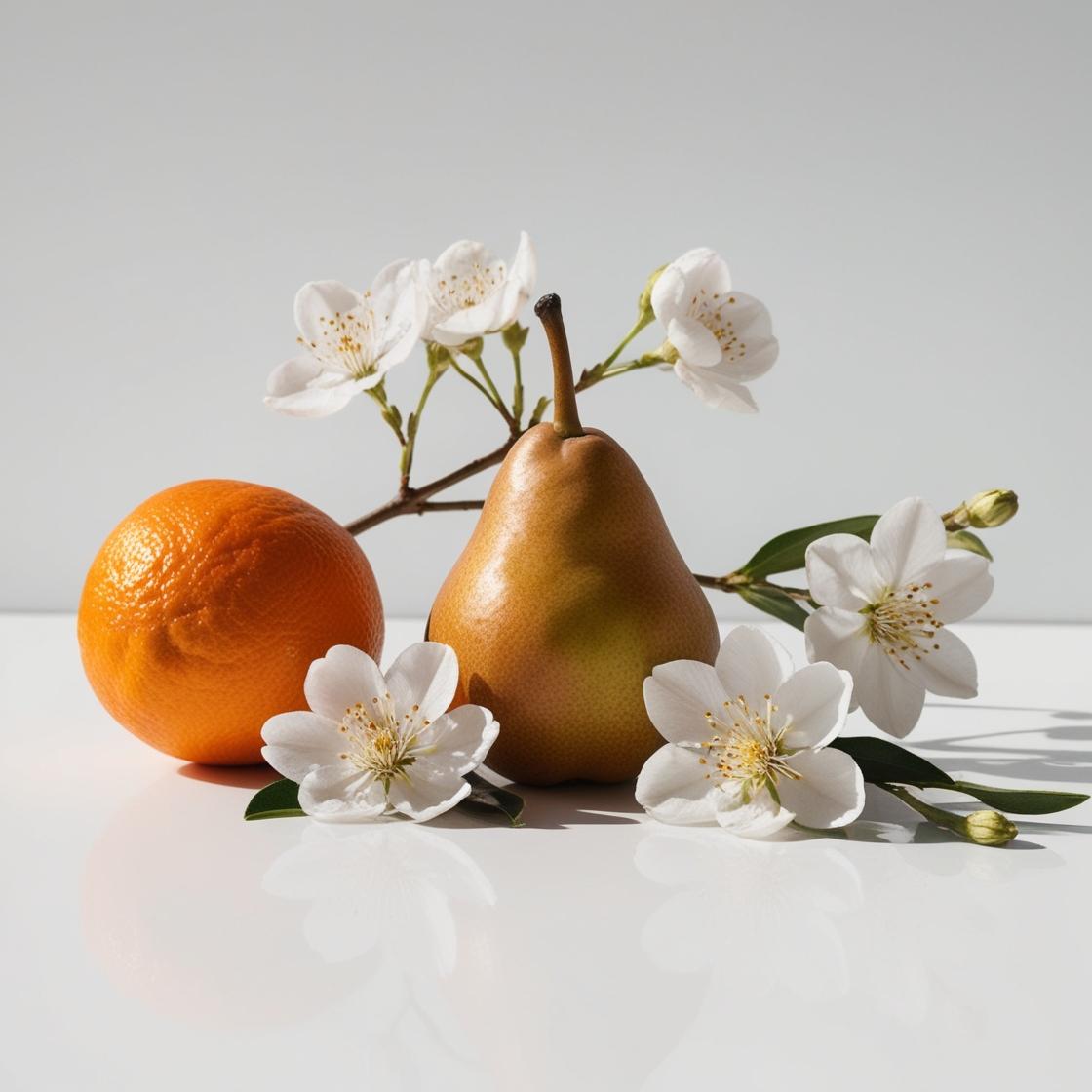 Mandarina, pera y flor de azahar del naranjo representando las notas olfativas del perfume.