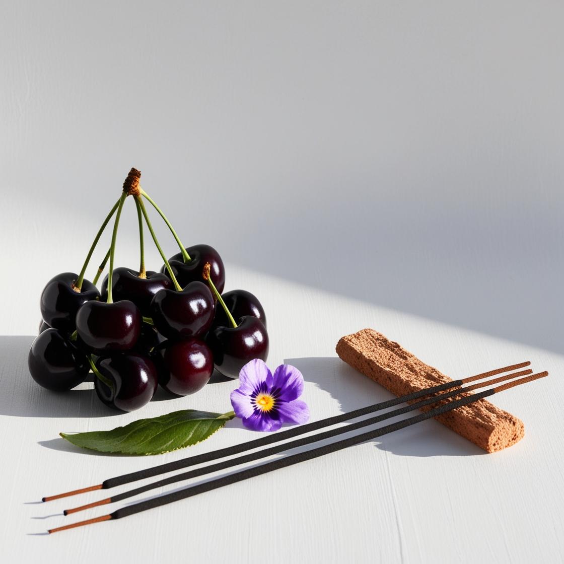 Cereza negra, violeta, incienso y madera representando las notas olfativas del perfume.