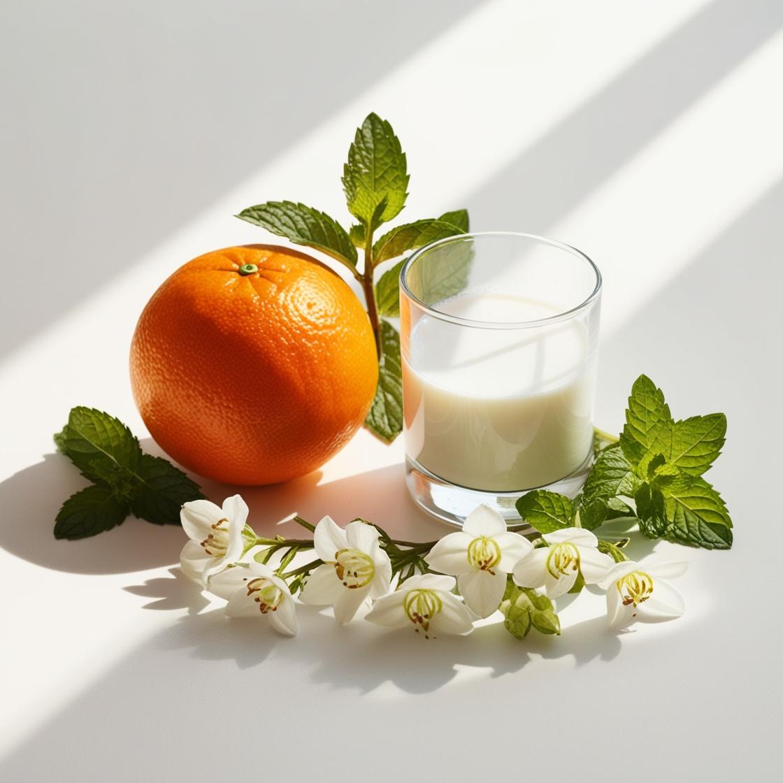 Naranja, menta, lirio y leche representando las notas olfativas del perfume.