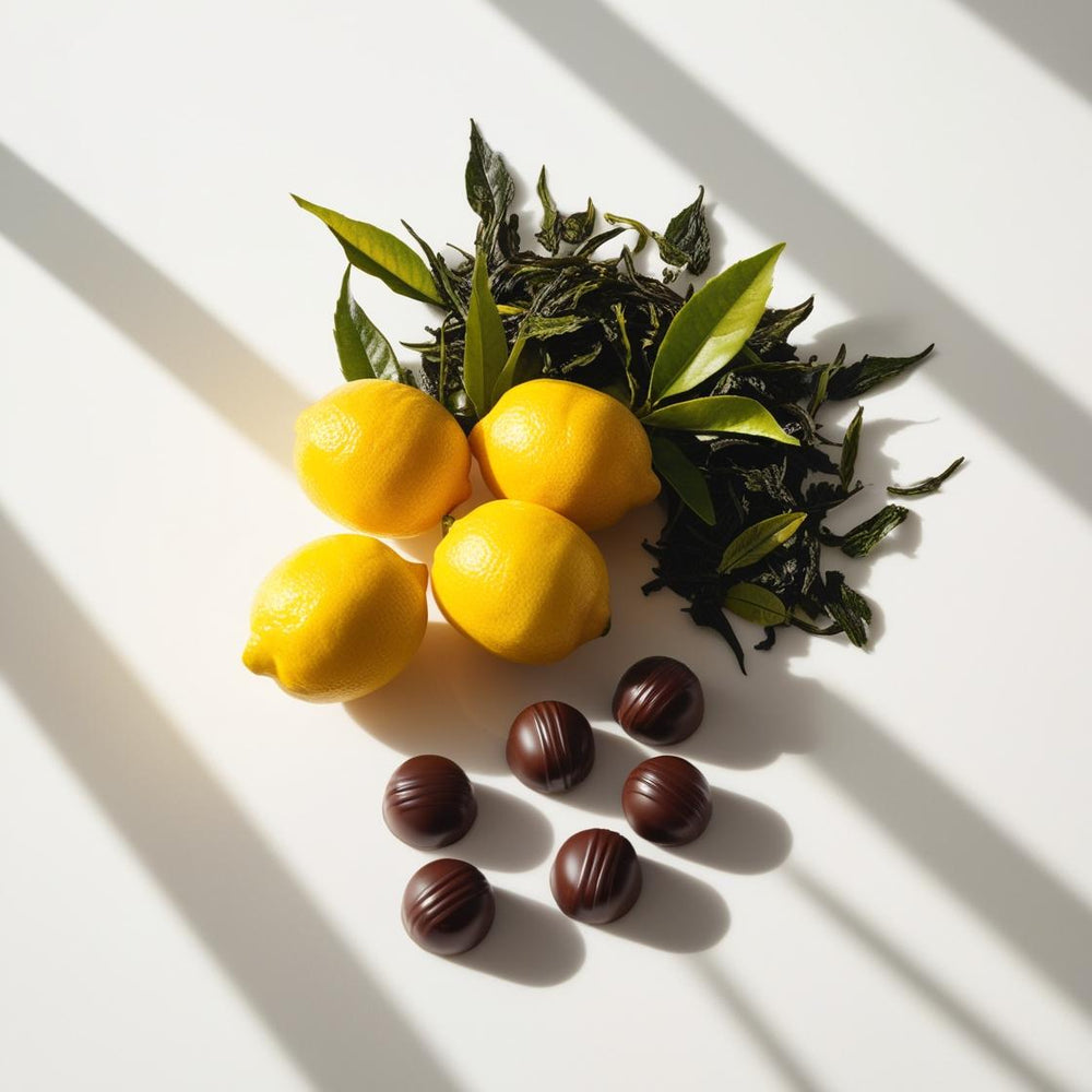 Limón, té verde y benjuí representando las notas olfativas del perfume.