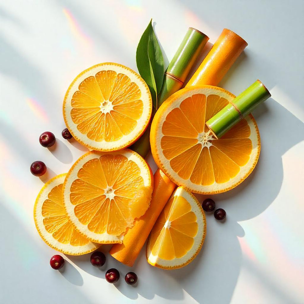 Naranja y bambú representando las notas olfativas del perfume.