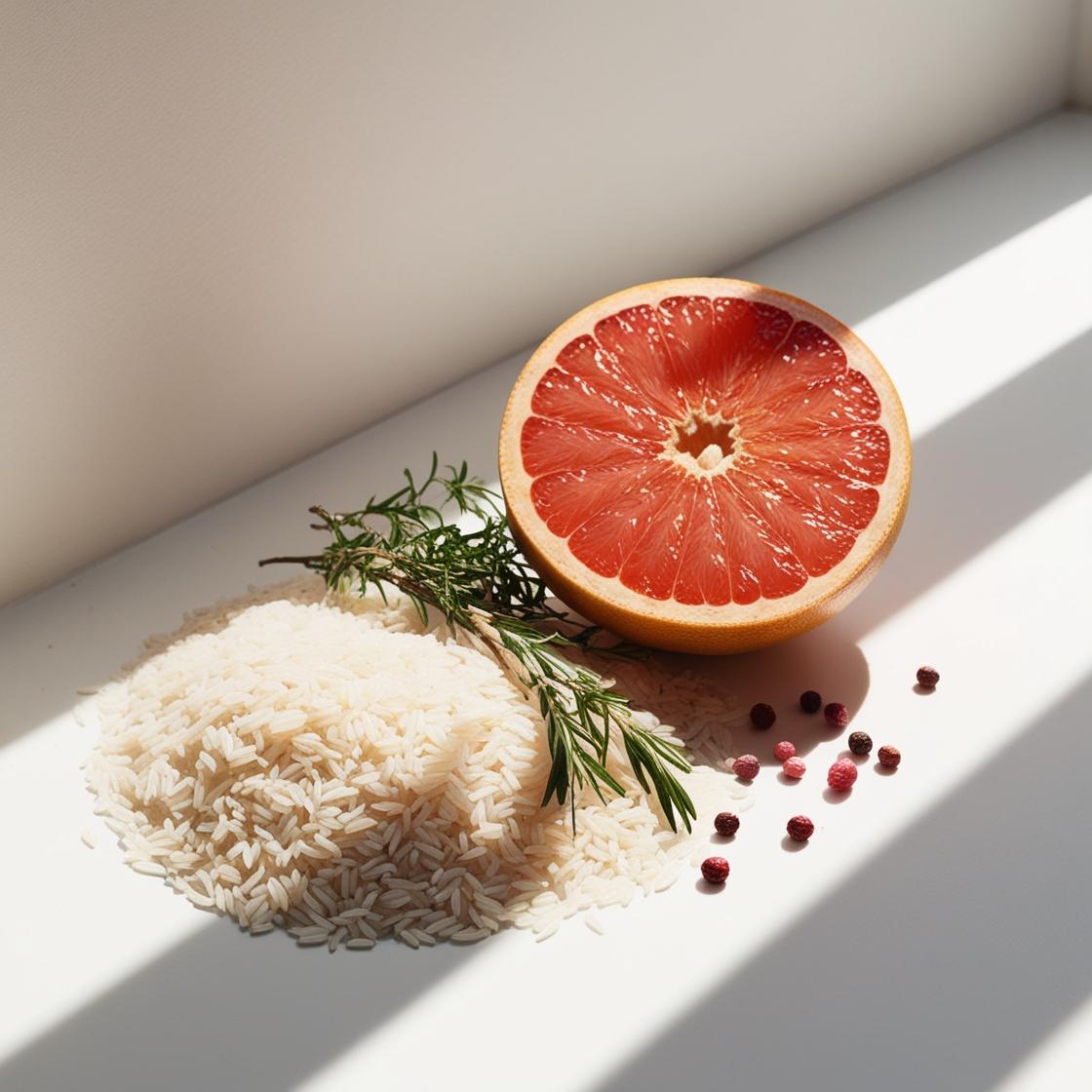 Arroz, pomelo y pimienta rosa representando las notas olfativas del perfume.